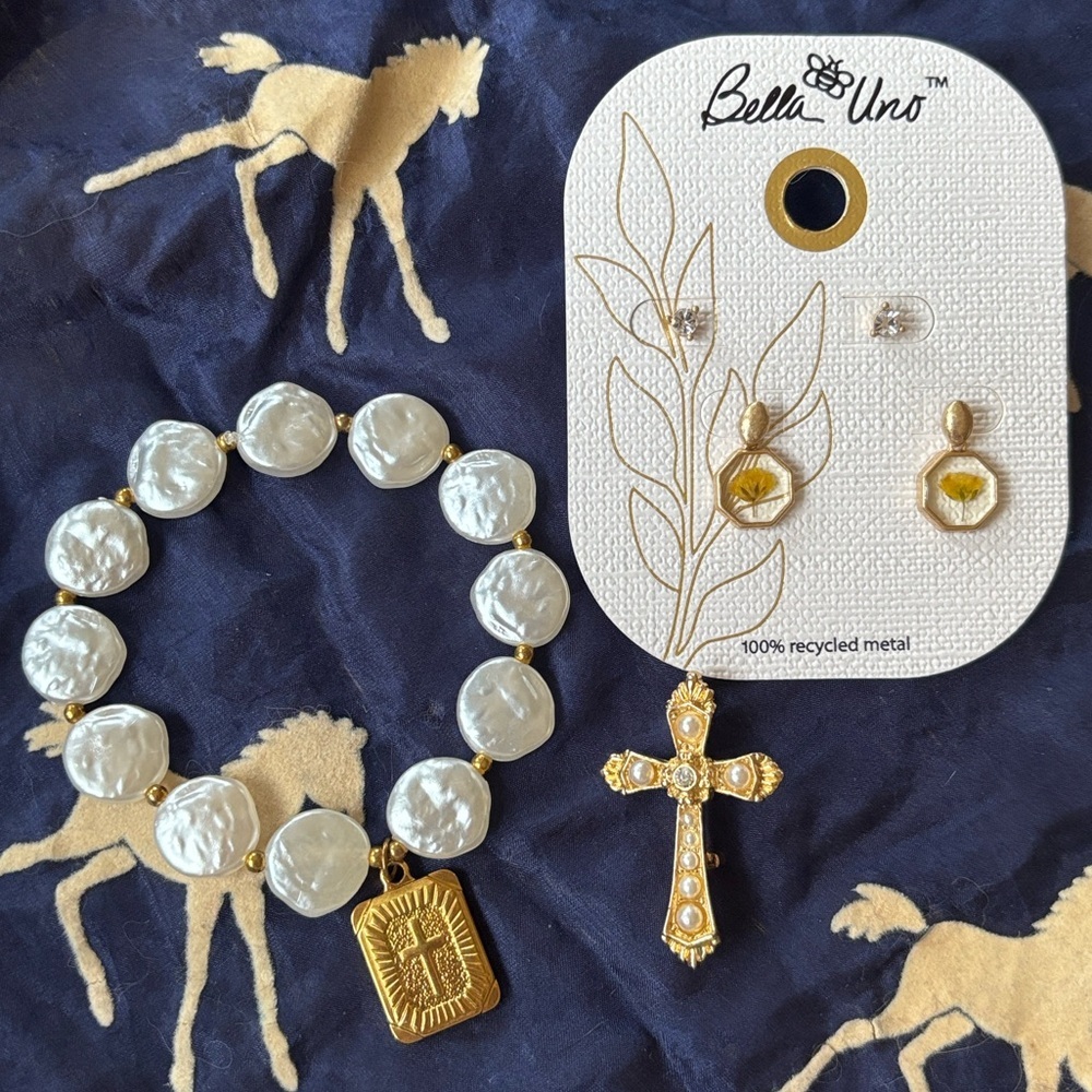 Bella Uno Stud Post Earrings Vintage Gerry's Cross Pin Coin Pearl Charm Bracelet